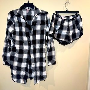 New Victorias Secret PJ's Set black white plaid shorties boyfriend shirt XS 2pc